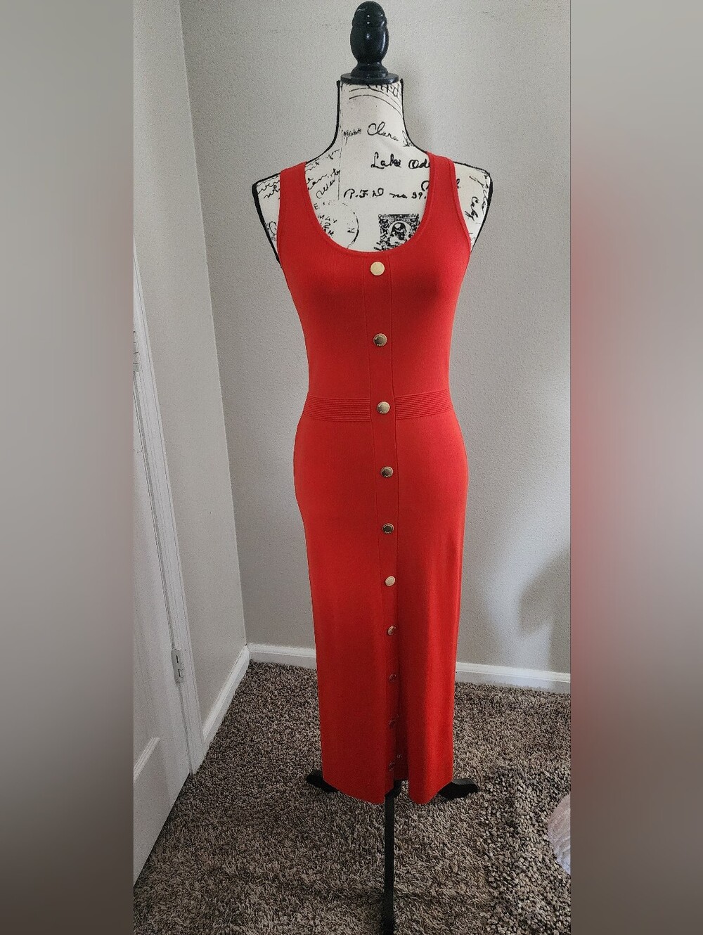 New Michael Kors Sleeveless Red Button-Front Knit Midi Dress